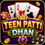 Teen Patti Dhan online card game logo with playing cards, coins and casino theme